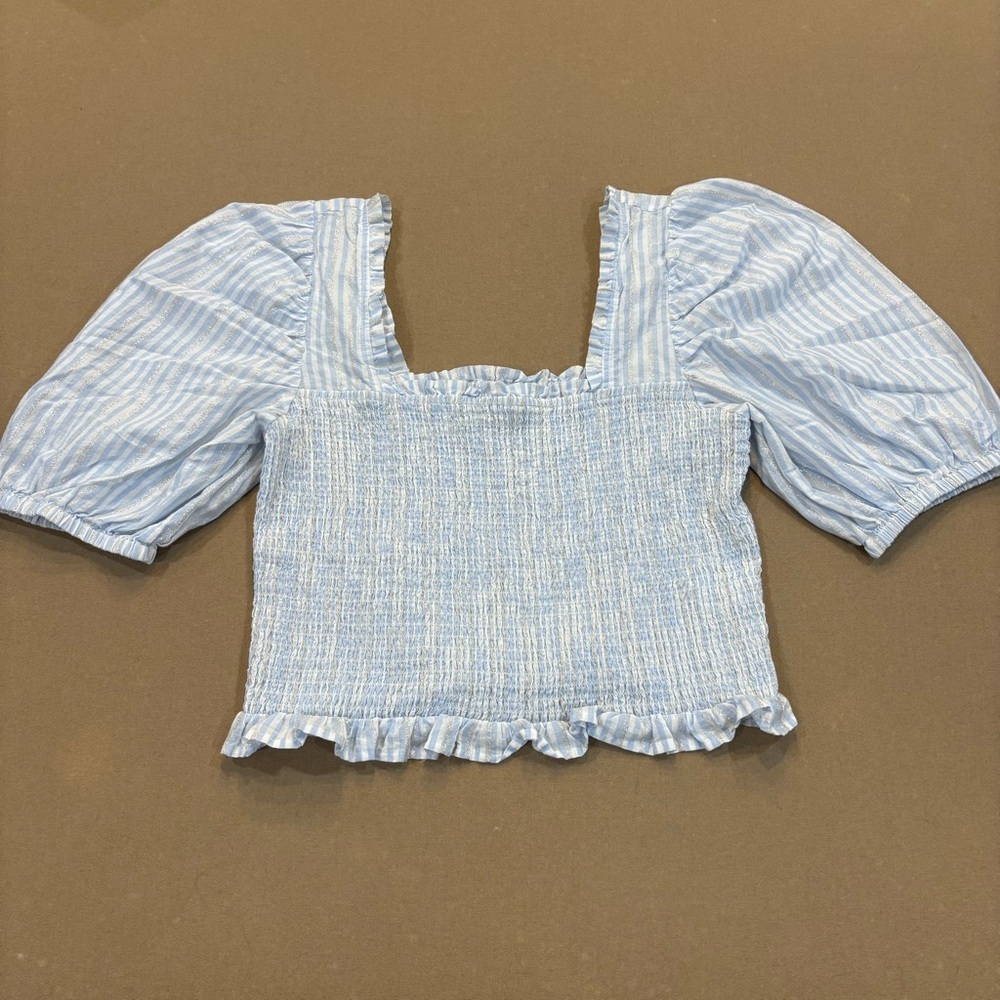 Emily McCarthy Puff Sleeve Smocked Metallic Stripe Crop Top Size Large